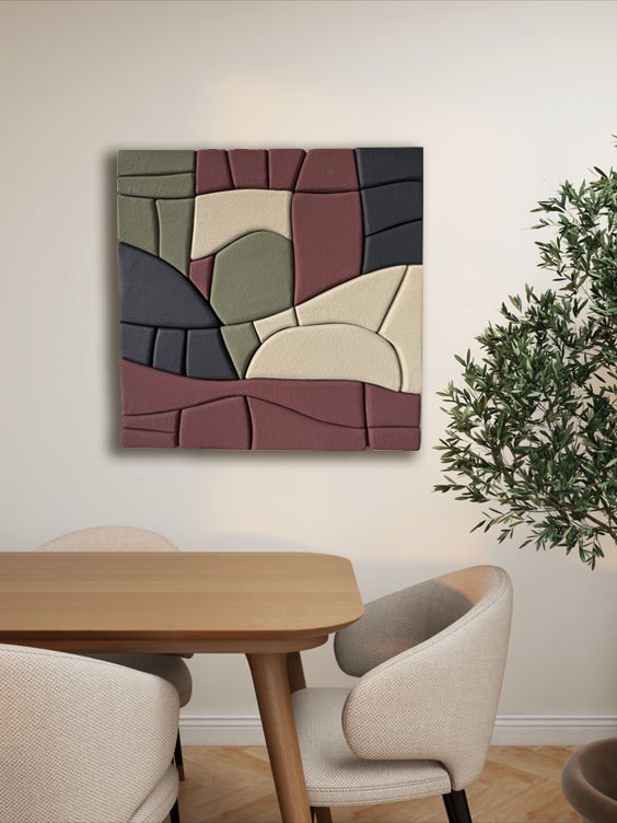 No. 35 - Abstract 3D Relief in Moss, Burgundy, Beige and Black