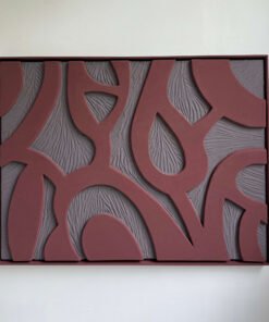 Handmade sculptural 3D wall art in organic red and grey tones with flowing abstract shapes and textured relief design.