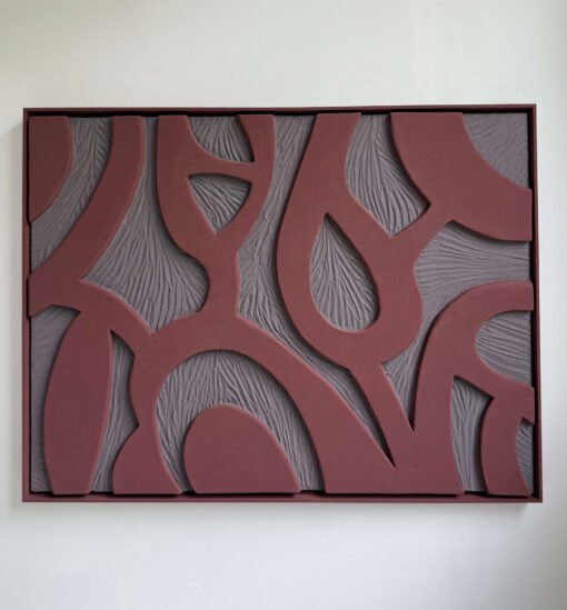 Handmade sculptural 3D wall art in organic red and grey tones with flowing abstract shapes and textured relief design.